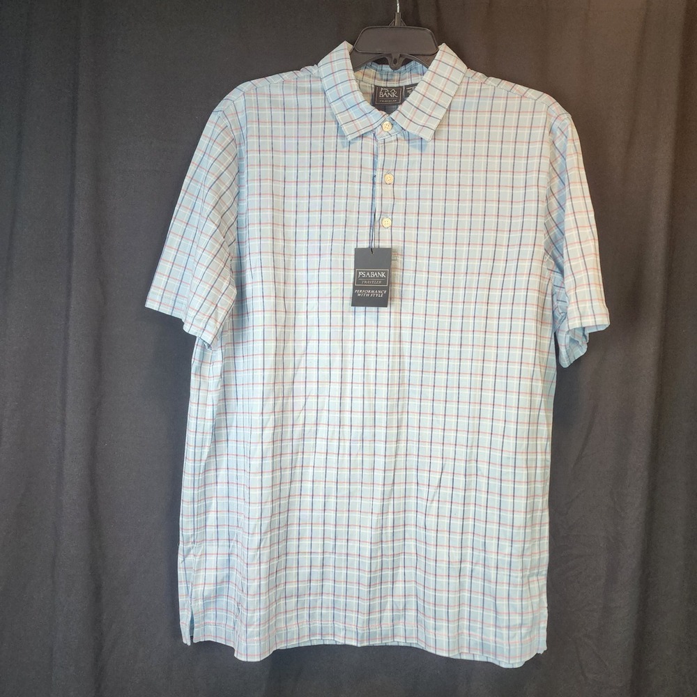 JOS A BANK TRAVELER Mens Blue Plaid Short Sleeve Button Up Shirt Med Performance